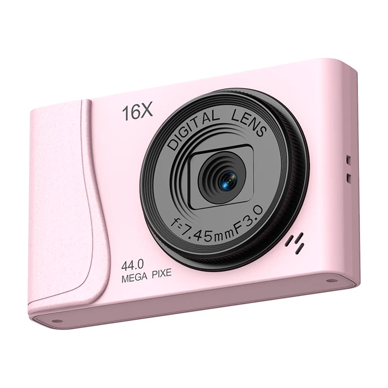 Pink plastic digital camera with 16x zoom and 44.0-megapixel lens.