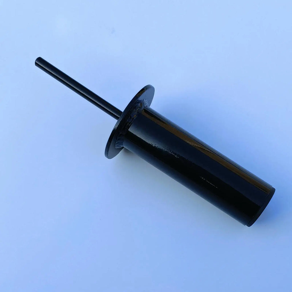 Black steel weight loading pin for gym equipment, featuring a central rod, sturdy base plate, and powder-coated finish.