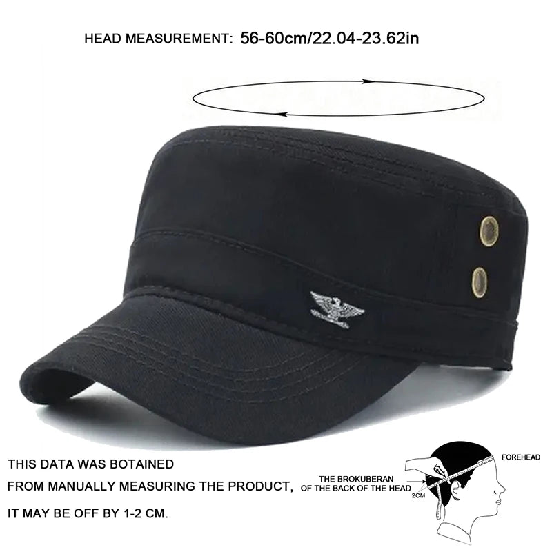 Black cotton tactical army-style cap featuring an eagle emblem and side metal grommets. Suitable for 56-60cm head sizes.