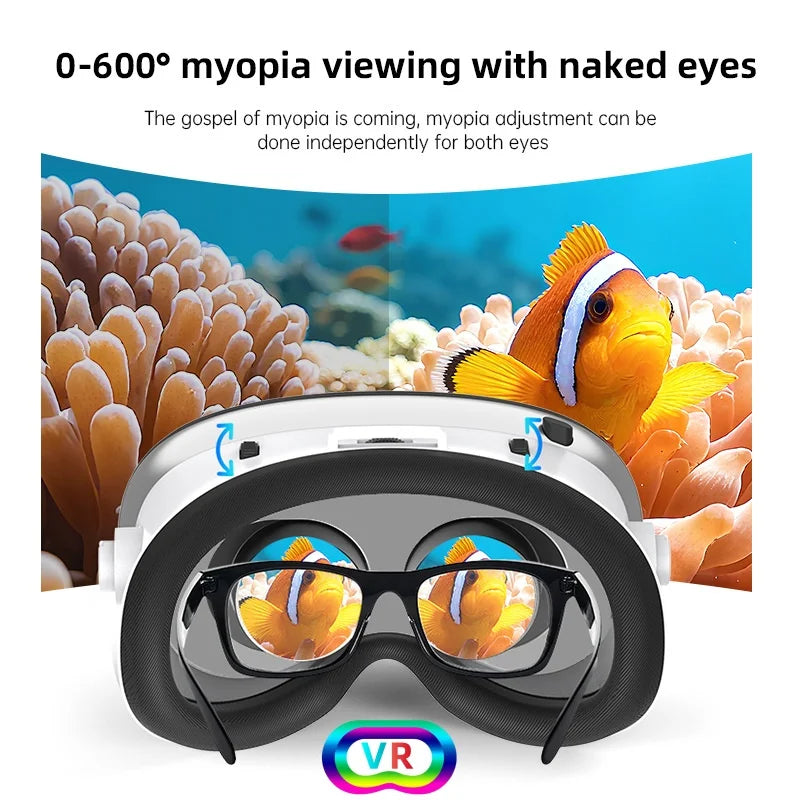 White and black G18E VR headset with dual lenses and soft cushioning, showing myopia adjustment for glasses wearers.
