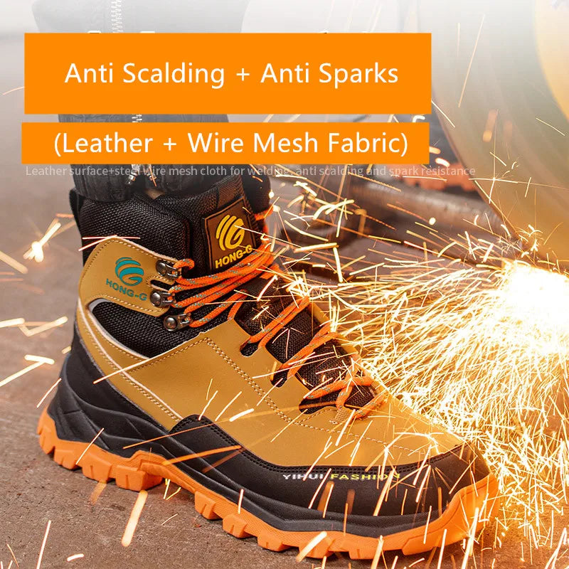 High-top safety work boots in brown and black with steel toes, orange laces, and a thick treaded sole amidst sparks.