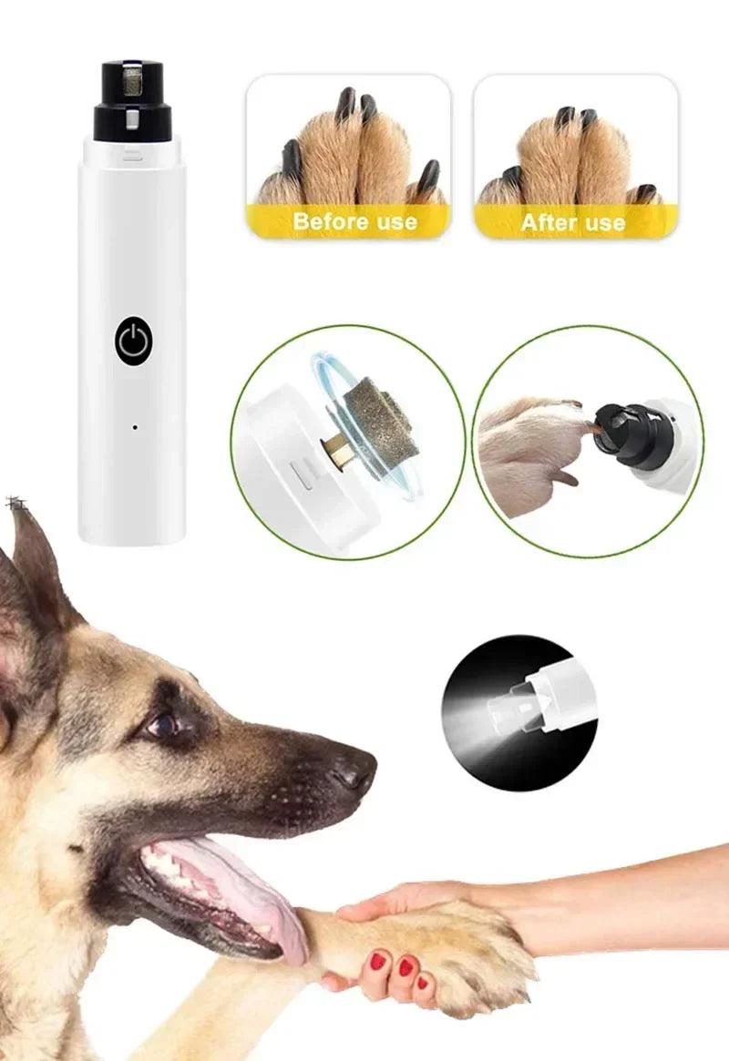 White, electric pet nail grinder with a USB rechargeable design, shown with a built-in light and dog nail results.