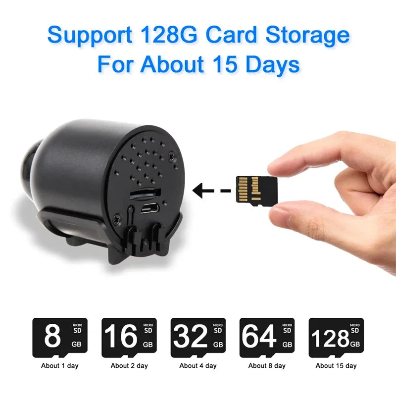 Black plastic surveillance camera with a micro SD card slot, showing storage capacity options up to 128GB.
