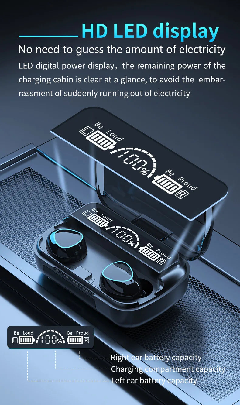 Black wireless earbuds in a charging case with a digital LED display showing battery percentage for each earbud.
