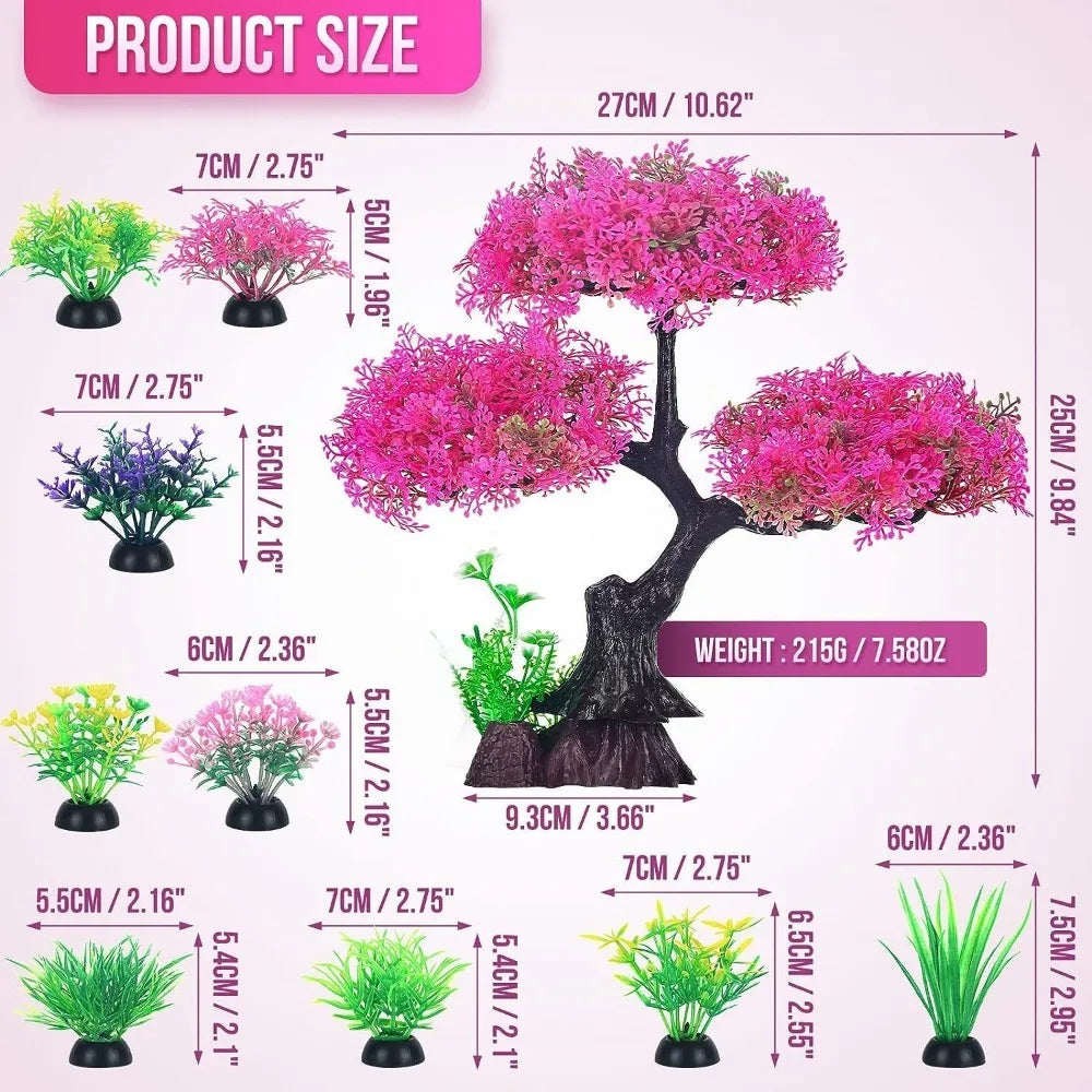 Diagram showing dimensions of a pink artificial cherry blossom tree and various small green and purple aquarium plants.