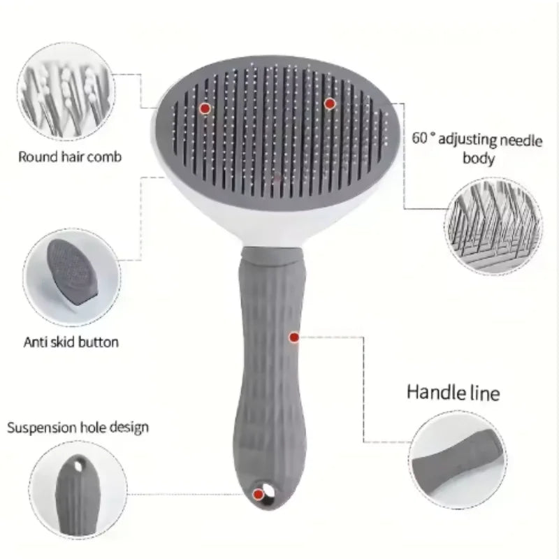Grey and white self-cleaning pet slicker brush with anti-slip handle and hanging hole, shown with feature callouts.