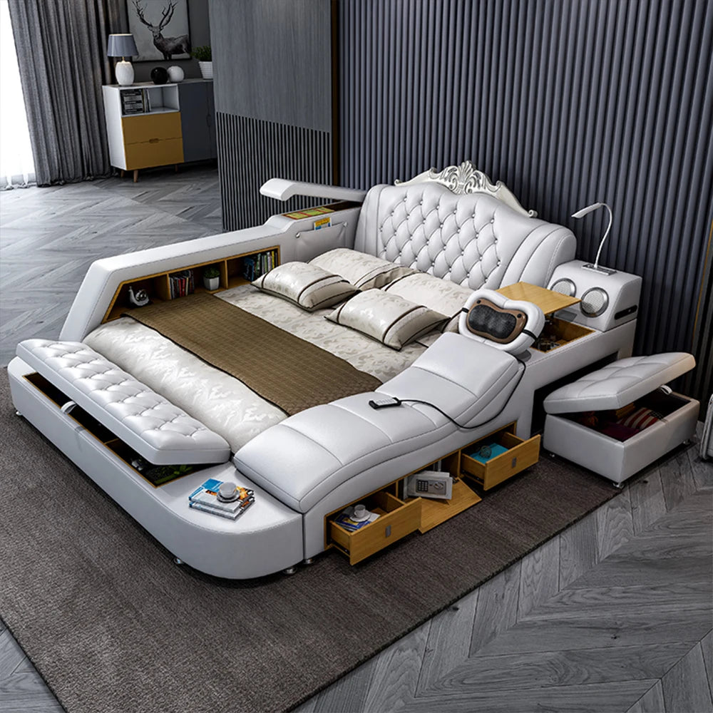 White modern multifunctional bed frame with integrated storage, built-in massage features, speakers, and reading lamp.