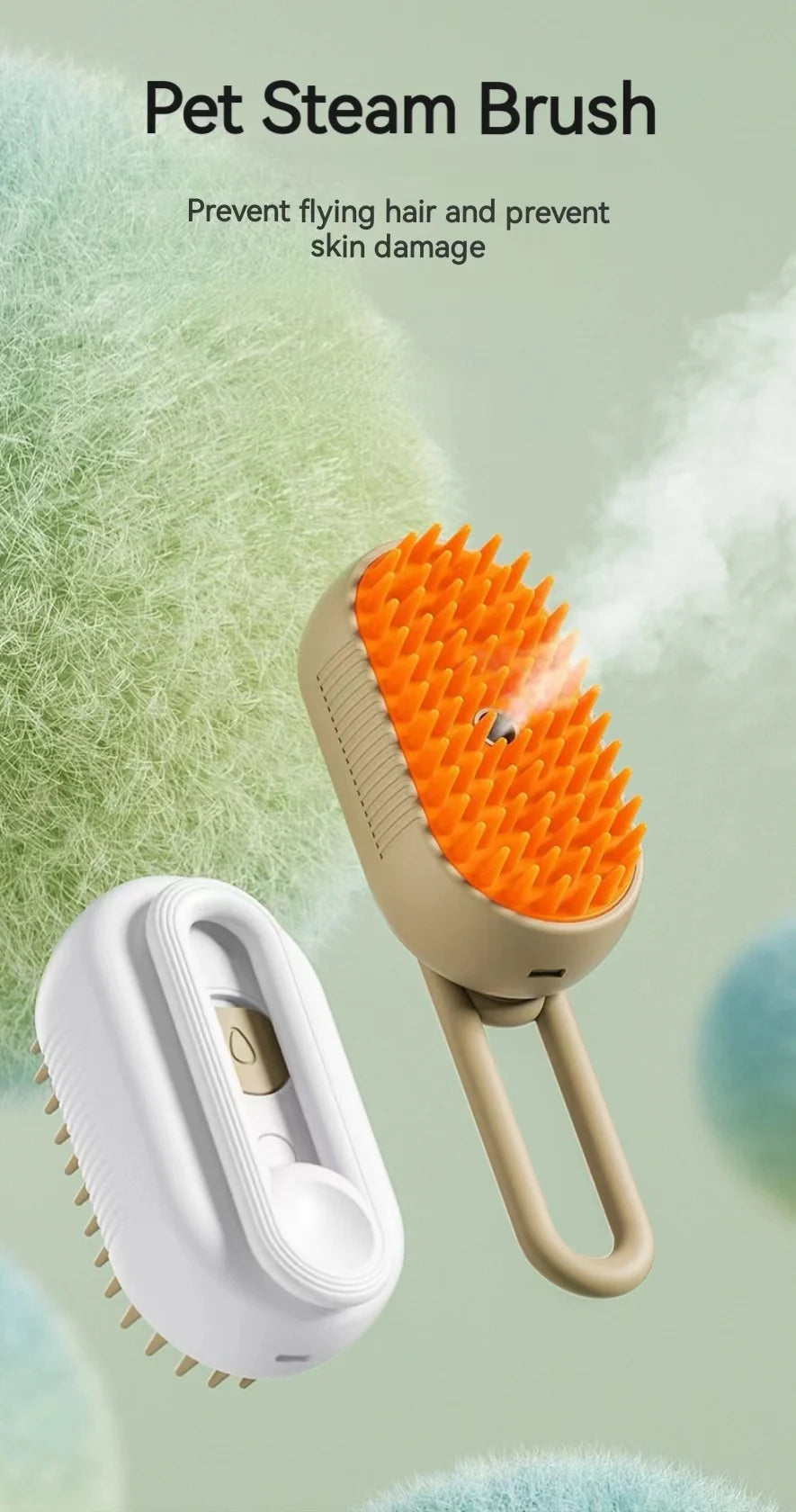 Beige and white pet steam brushes with orange silicone bristles, releasing a fine mist against a green background.