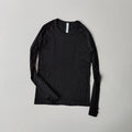 Black seamless long-sleeve workout top with crew neck, ribbed cuffs, and thumbholes.