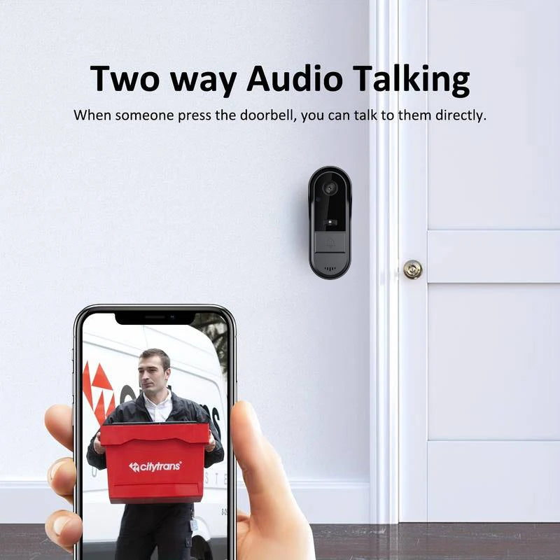 Black wireless smart video doorbell mounted on a white wall, shown on a smartphone app with two-way audio.