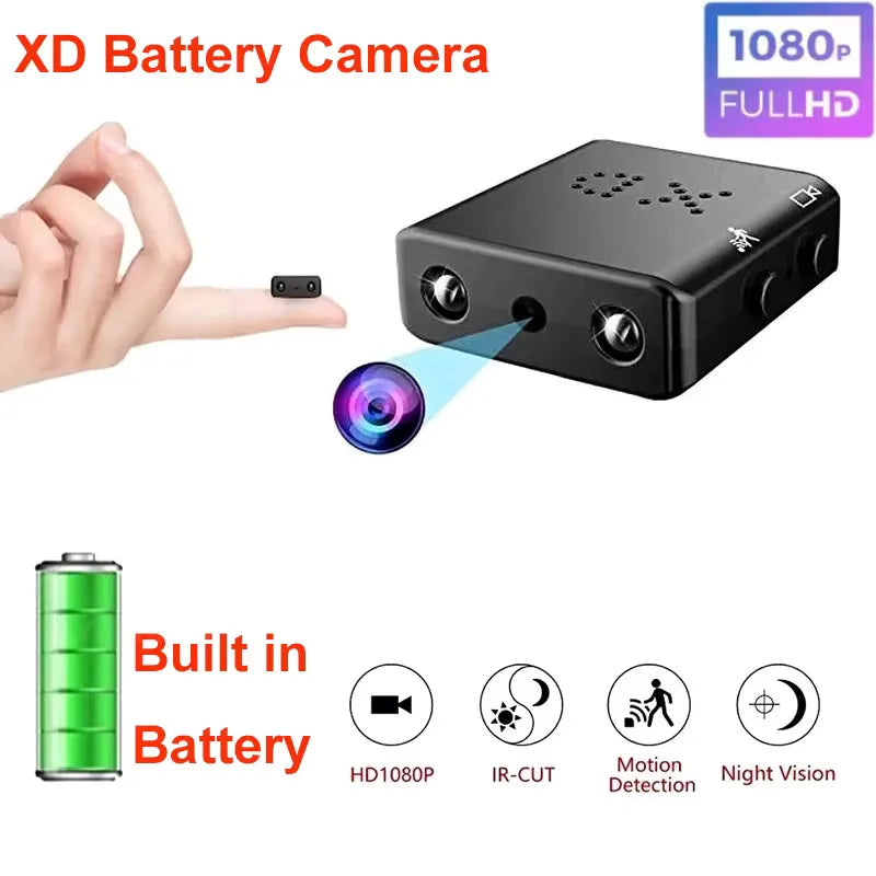 Small black plastic 1080p security camera with motion detection, IR-cut night vision, and a built-in battery.