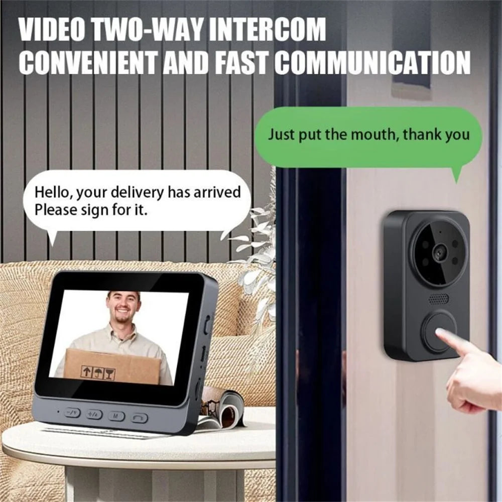 Black wireless doorbell camera with screen showing a delivery person and two-way intercom speech bubbles.