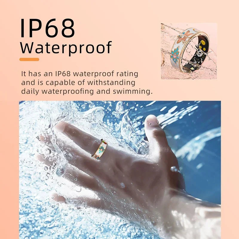 Stylish floral-patterned smart fitness ring, shown being worn in water to highlight its IP68 waterproof rating.