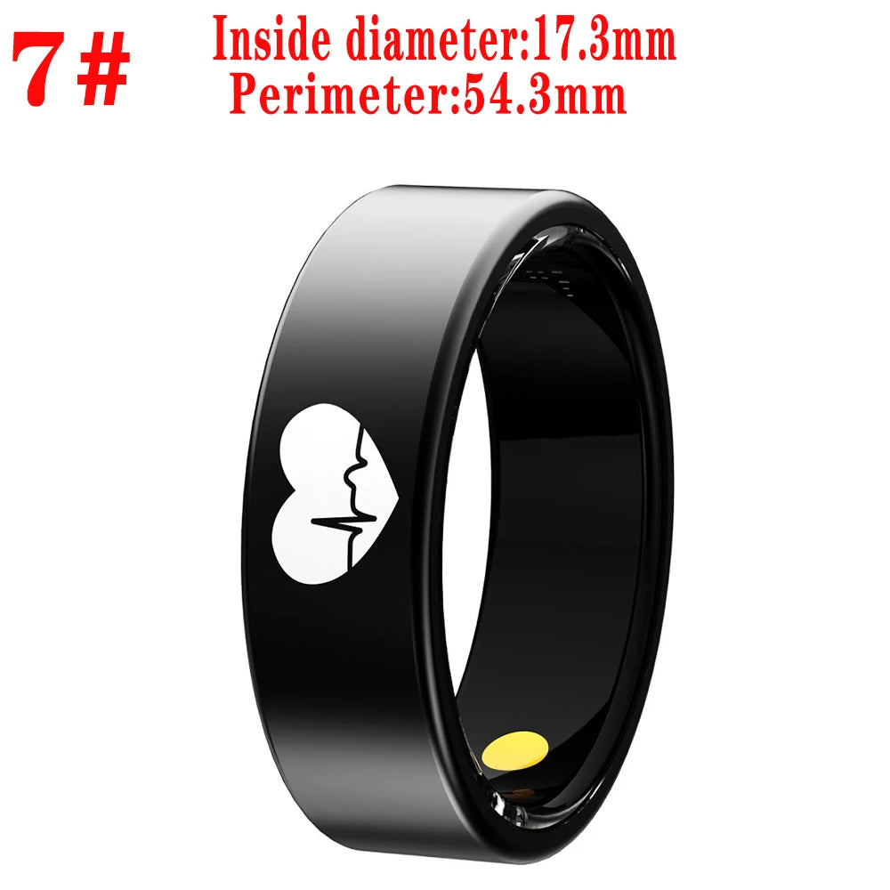 Sleek black health tracking smart ring featuring a white heart and heartbeat pulse icon on the exterior.