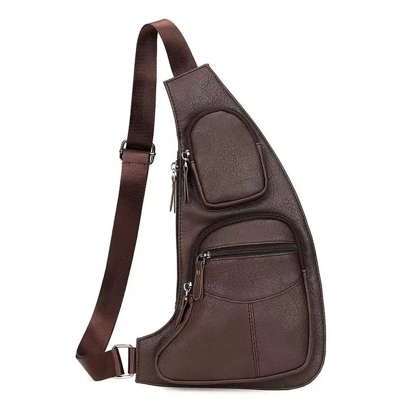 Dark brown, textured faux leather men's crossbody sling bag with an adjustable strap and two front zip pockets.