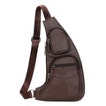 Dark brown, textured faux leather men's crossbody sling bag with an adjustable strap and two front zip pockets.