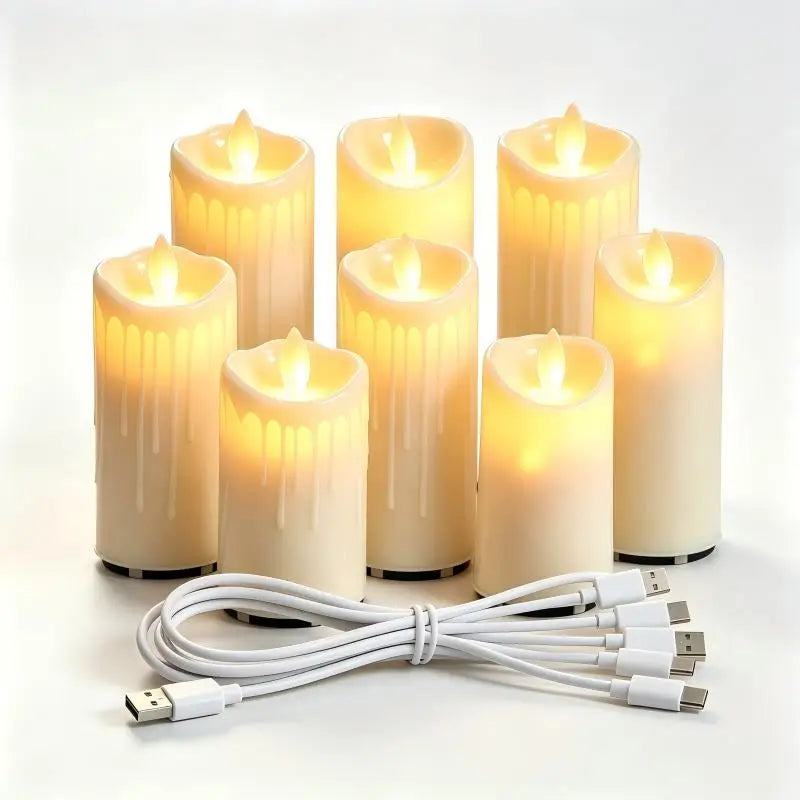 Eight cream wax flameless pillar candles with glowing tips and melted drip designs, paired with a multi-USB-C charging cable.