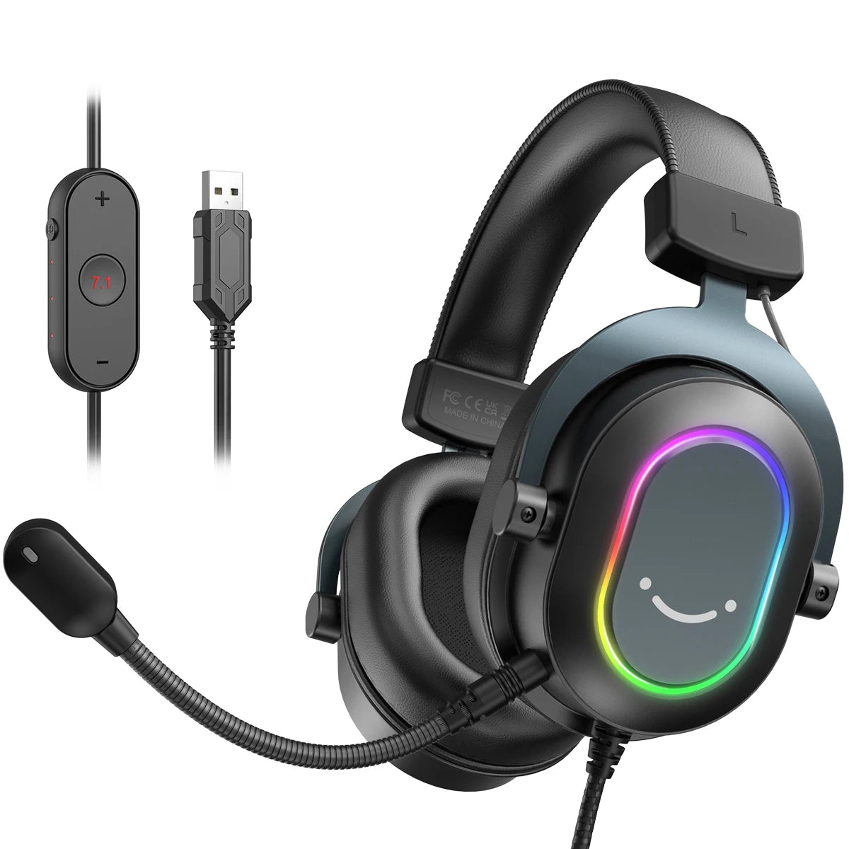 Black gaming headset with RGB lighting, flexible microphone, and a wired USB remote for 7.1 surround sound.
