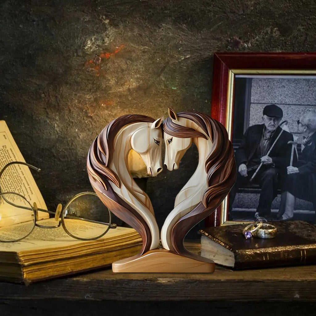 Elegant wooden statue of two horses forming a heart shape, featuring a polished light and dark wood finish.