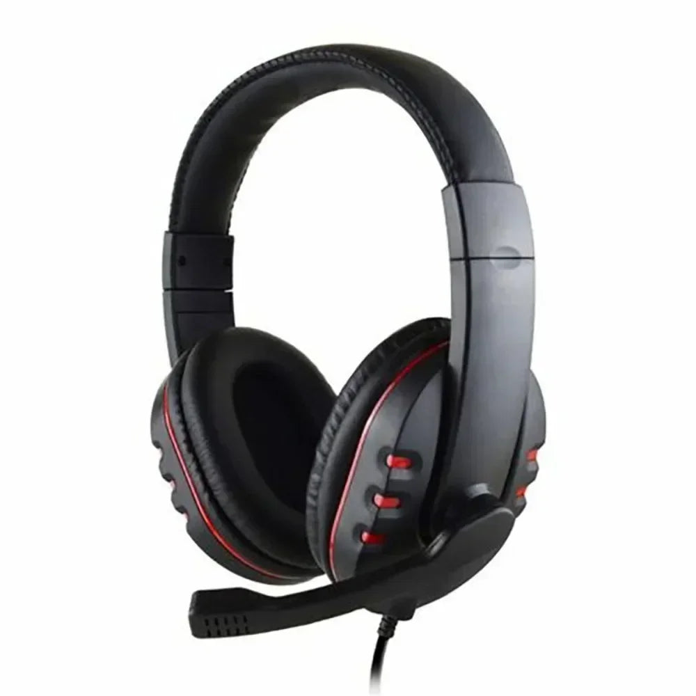 Black wired gaming headset with padded ear cups, red accents, and an adjustable microphone.