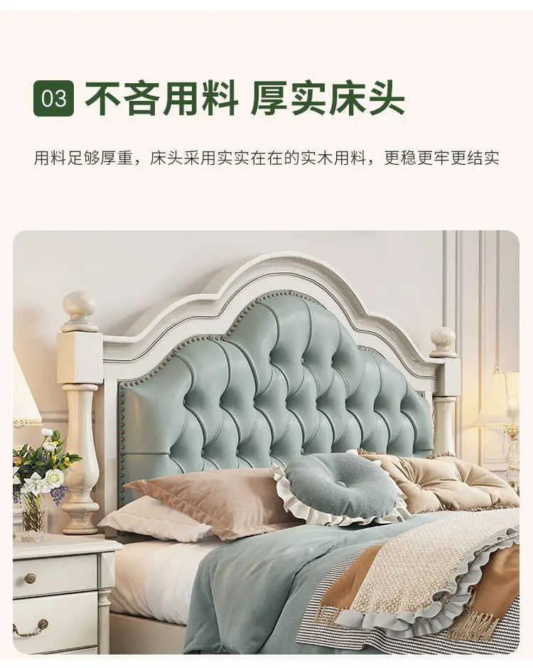 Elegant double bed with a pale blue, button-tufted upholstered headboard and a decorative white wooden frame.