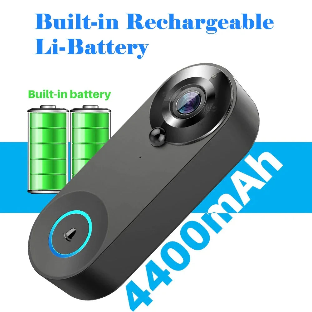 Sleek black wireless smart video doorbell with 1080p camera, night vision, and a 4400mAh rechargeable battery.