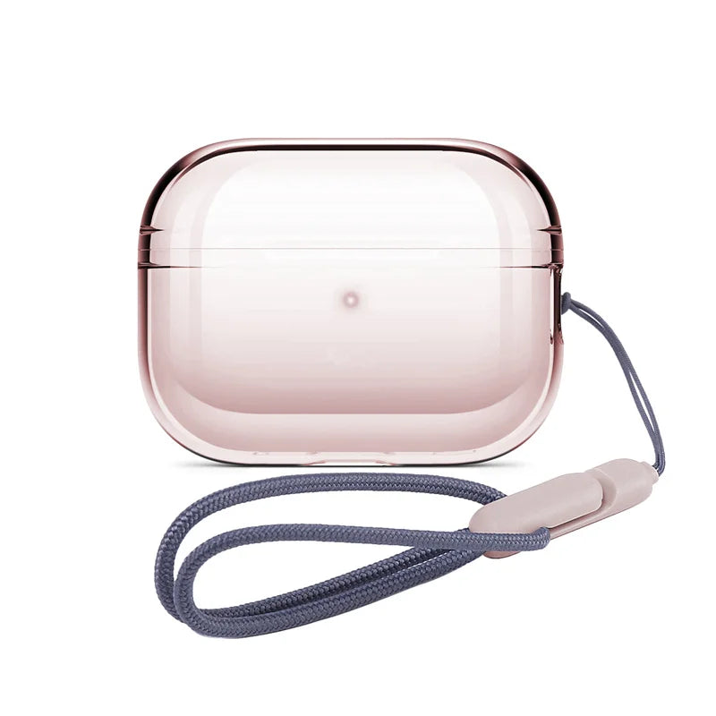 Transparent pink AirPods Pro case with a detachable grey wrist lanyard on a white background.