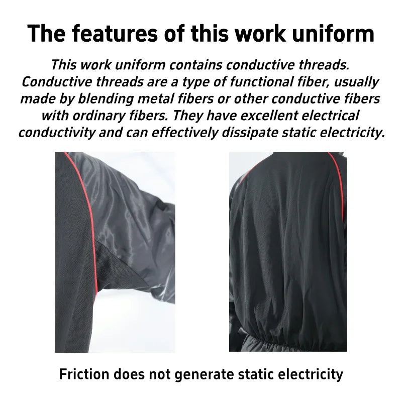 Black anti-static work jacket made with conductive metal fiber threads, featuring red piping detail.