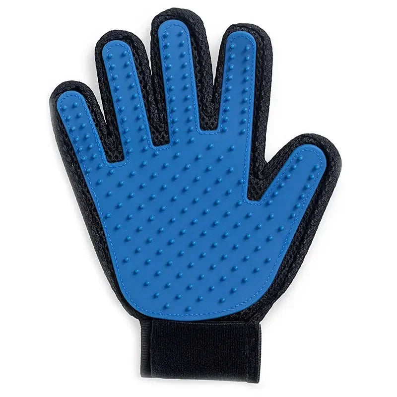 Blue pet grooming glove with black mesh backing and rubber massaging bristles, featuring an adjustable wrist strap.
