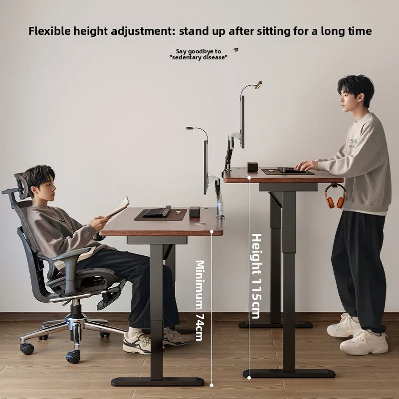 A person sitting at a motorized standing desk at 74cm height and standing at 115cm height.