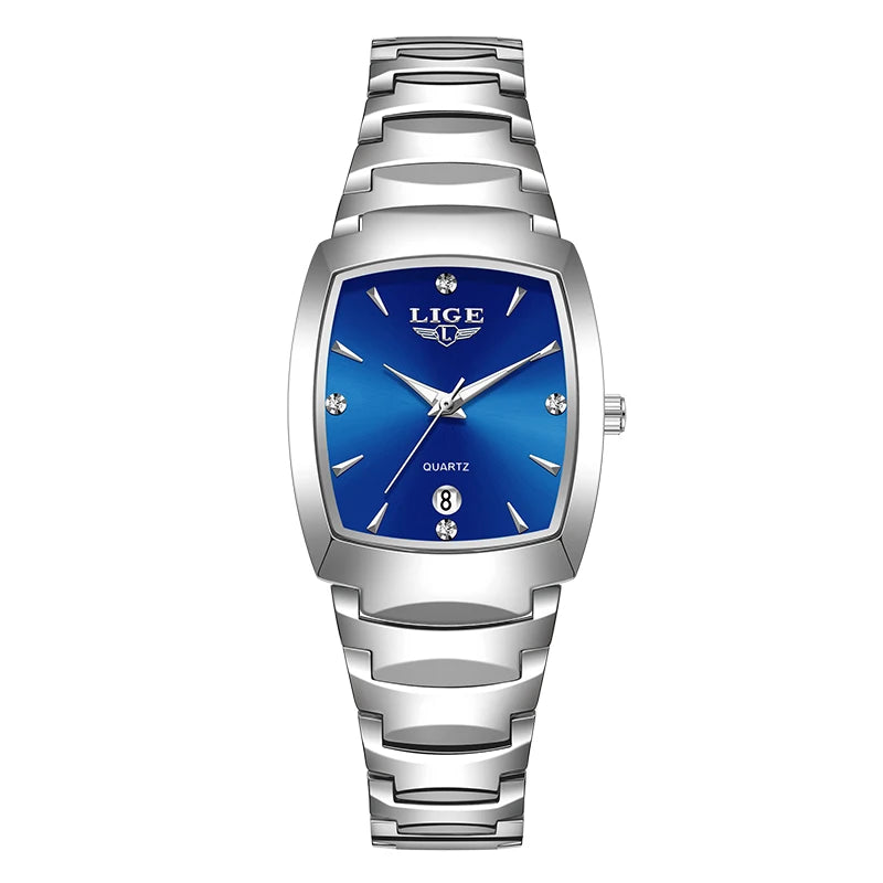Ladies' stainless steel quartz watch with a sunray blue dial, crystal markers, and a date window on a silver bracelet.