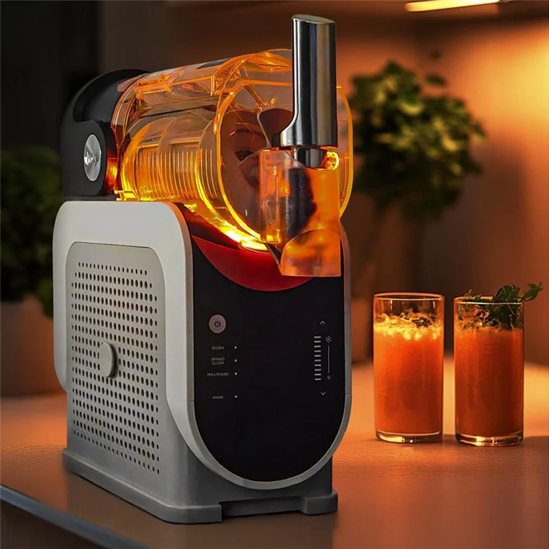 A modern slushie machine featuring a glowing, amber-coloured capsule lighting module and a sleek, grey vented base.