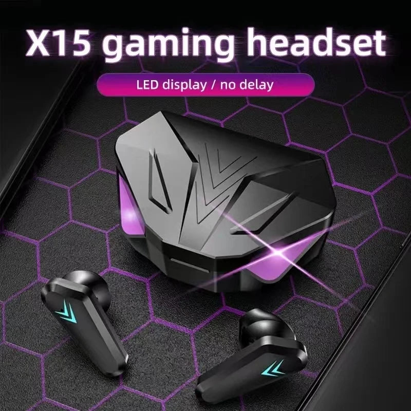 Black wireless gaming earbuds and charging case with angular design and purple-blue LED lighting accents.