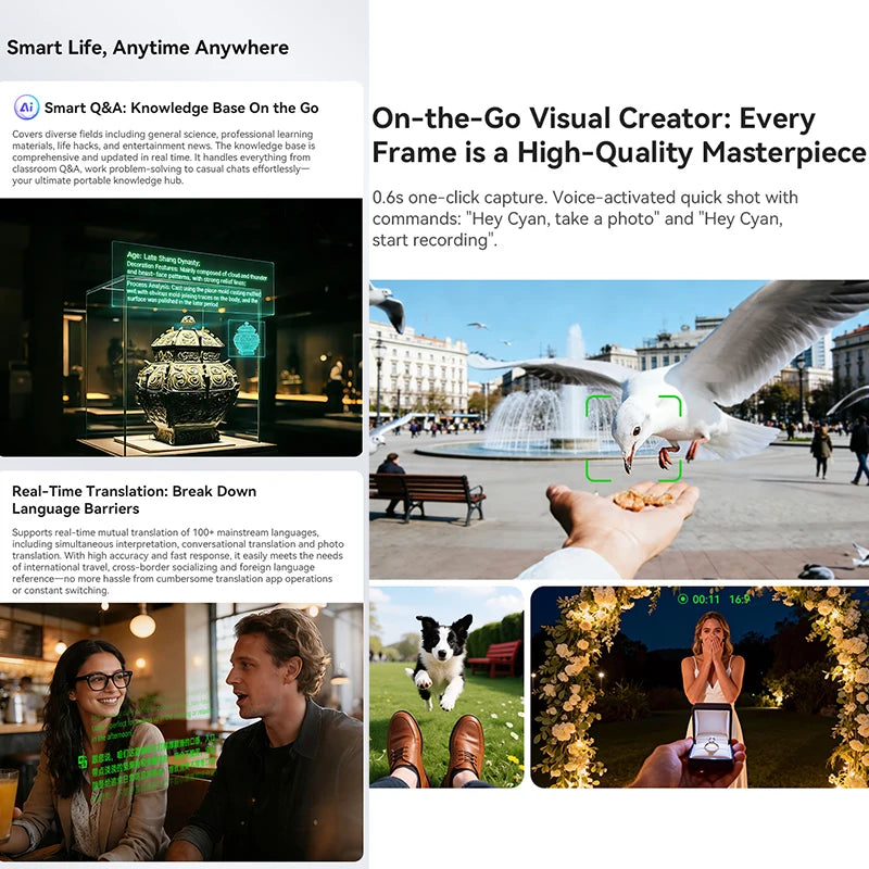 Black smart AI camera glasses featuring HD video recording, voice control, live translation, and real-time AR analysis.