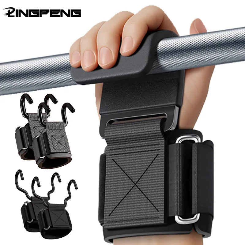 Black weightlifting wrist straps with steel hooks, shown in use on a barbell with additional pairs displayed.