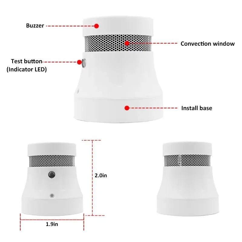 White smart smoke detector showing its test button, convection window, and dimensions of 2.0in by 1.9in.