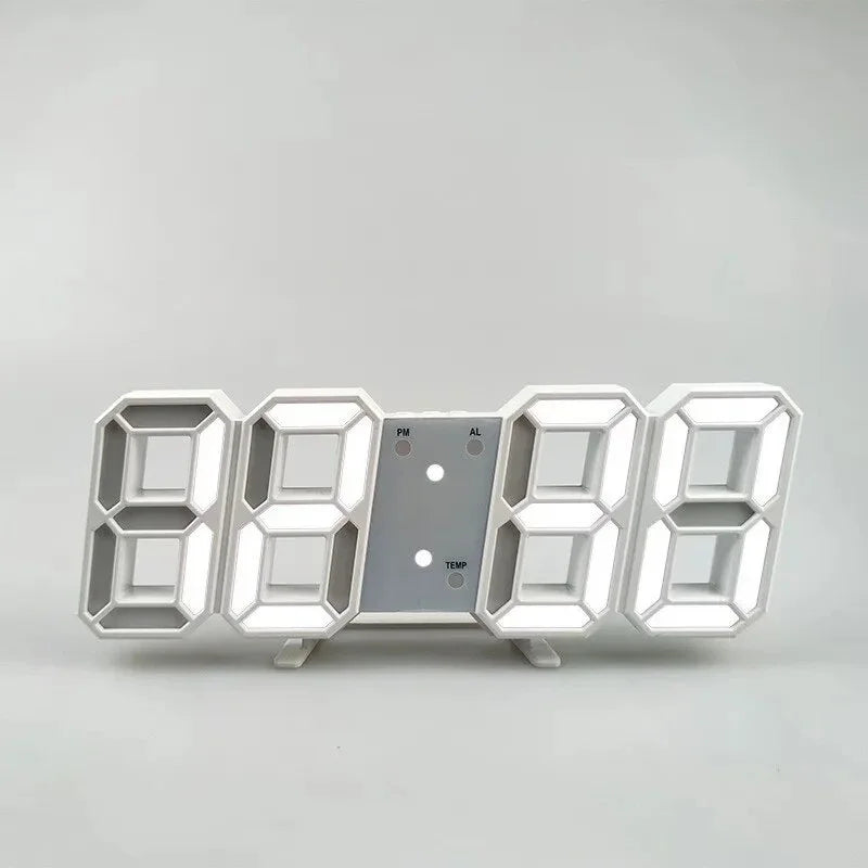 Modern white digital LED alarm clock with a minimalist 3D design, featuring a central display for time and temperature.