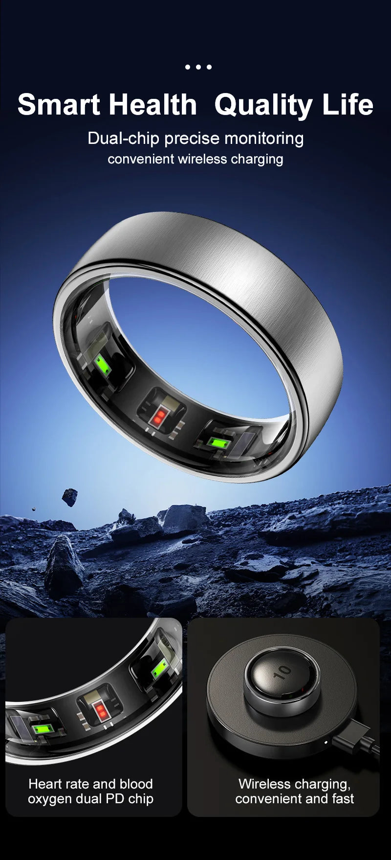 Sleek brushed silver smart health ring with heart rate and blood oxygen monitoring, shown with a wireless charger.