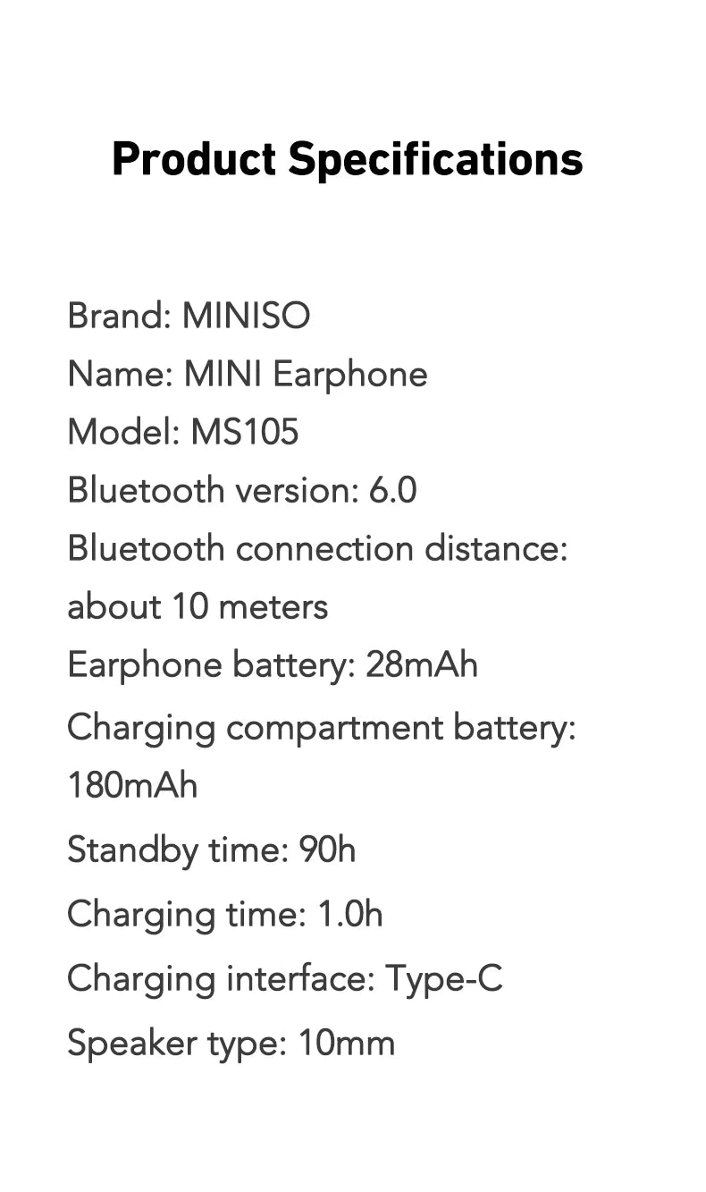 Text listing technical specifications for miniature Bluetooth earphones, printed in black text on a white background.