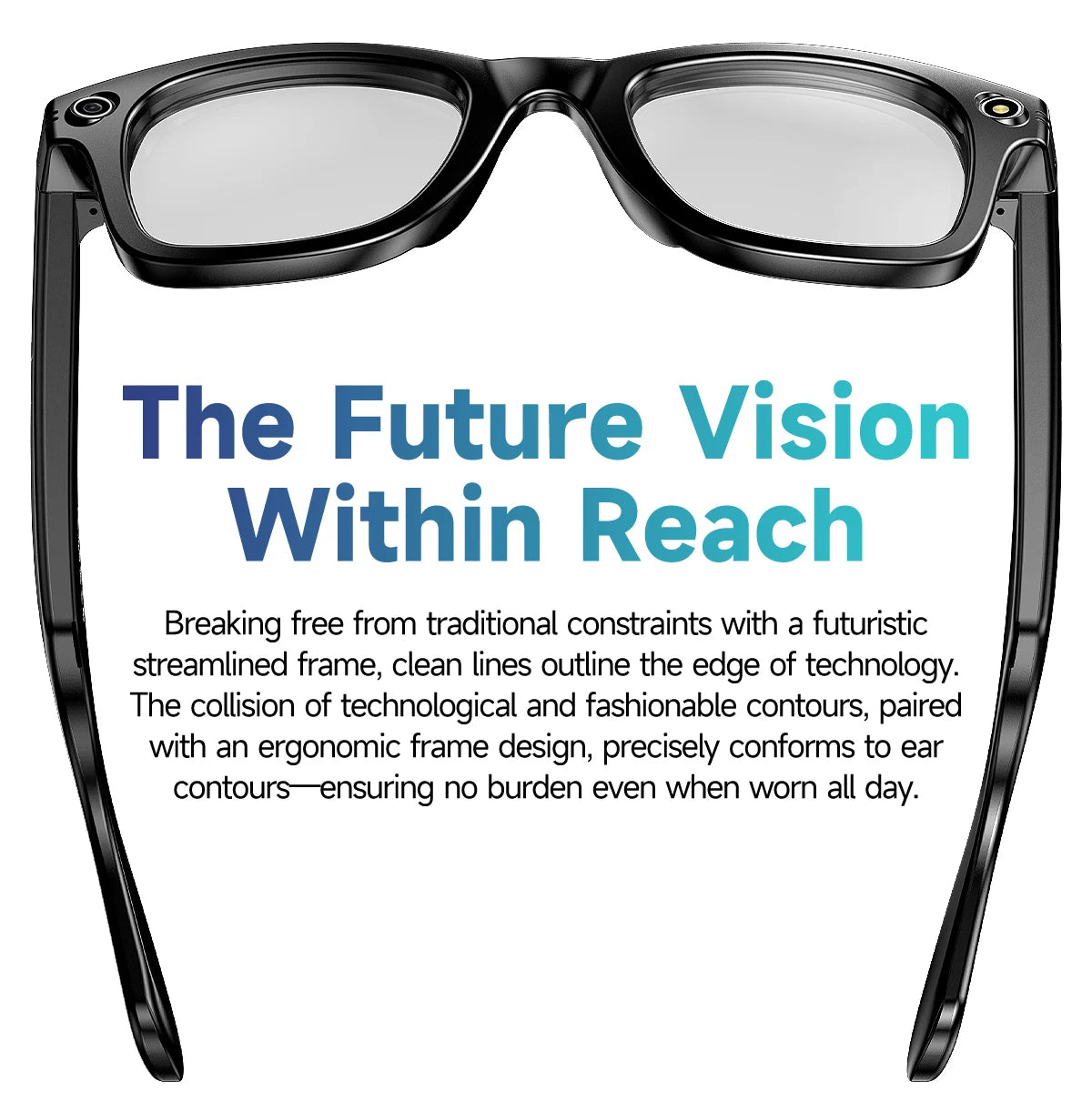 Sleek black smart glasses featuring integrated cameras in the frame corners for HD recording.
