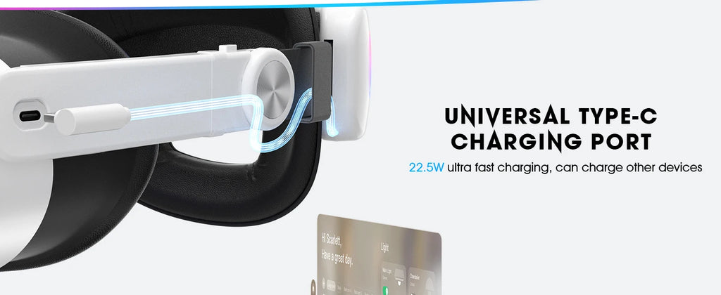 Adjustable white VR head strap with black cushioning and a 10,000mAh battery featuring a fast-charging Type-C port.