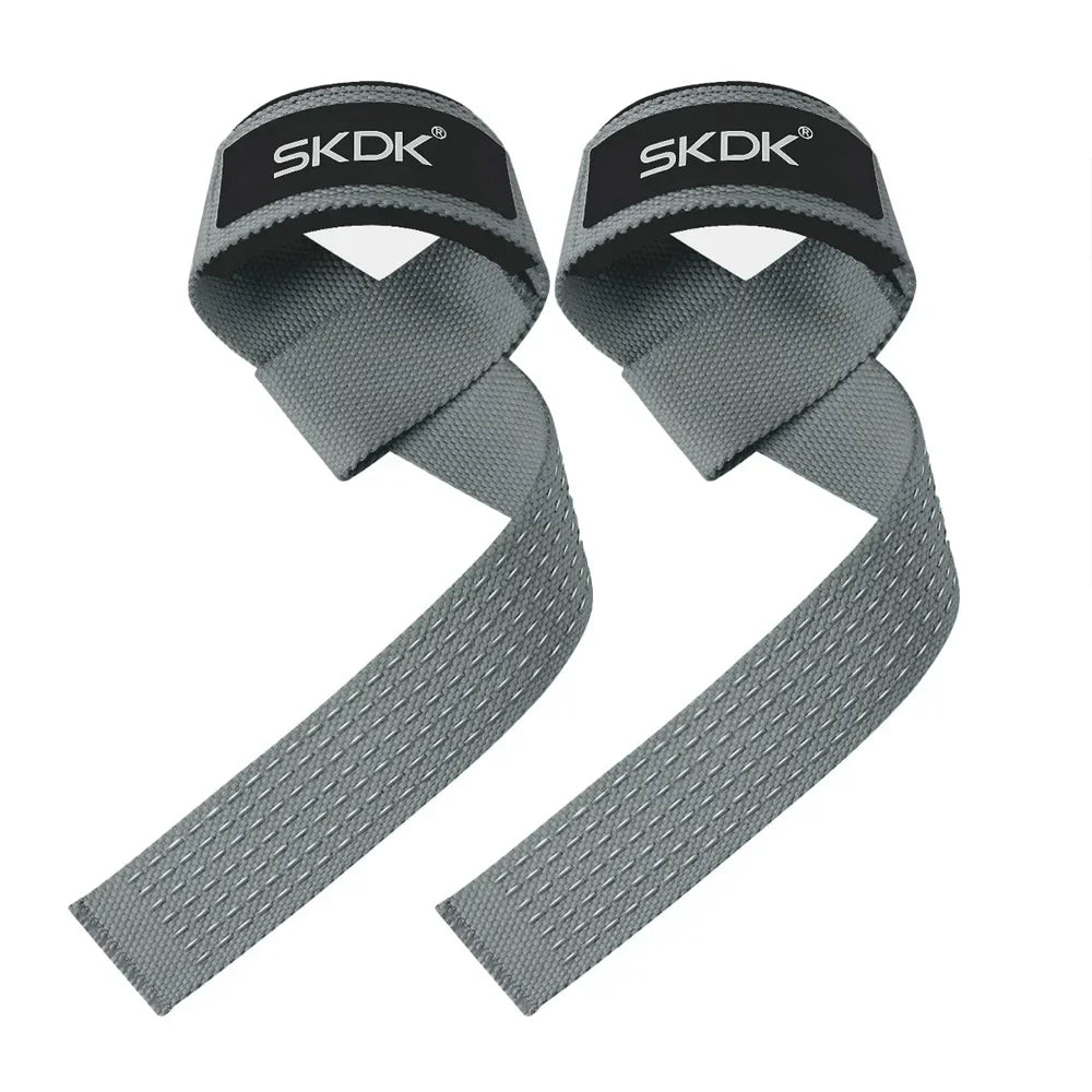 A pair of grey weightlifting straps with the SKDK logo on the padded wrist sections.