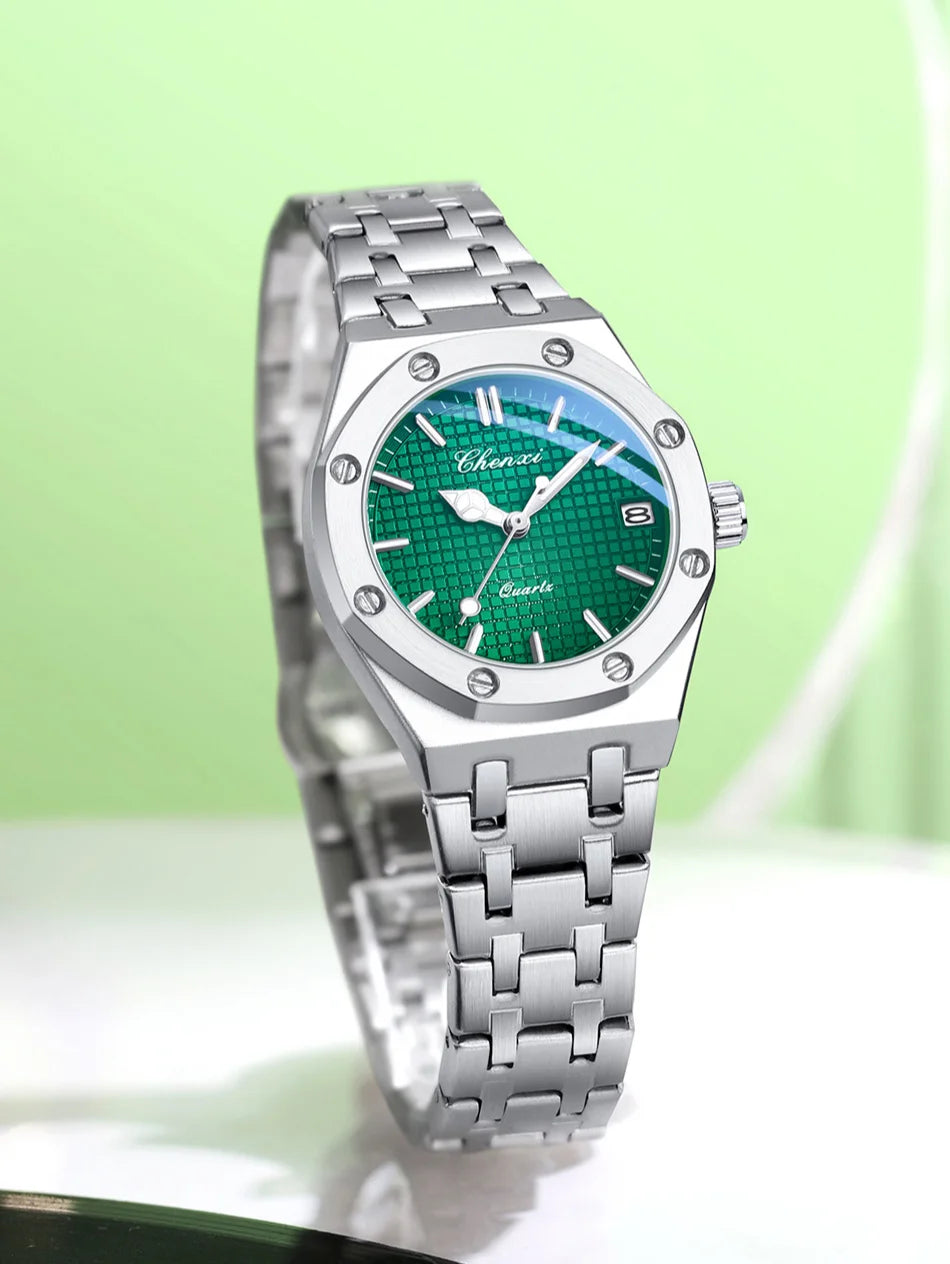 Luxury silver stainless steel analogue watch with a textured emerald green dial and date display.