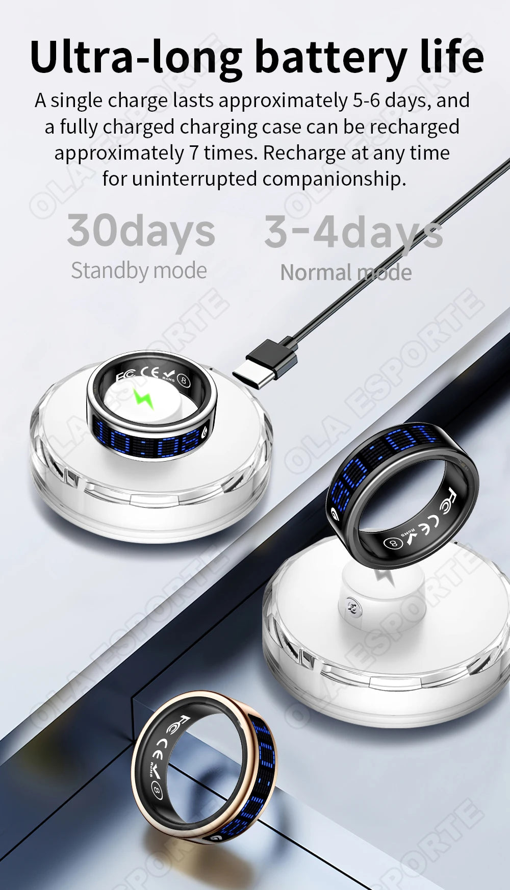 Sleek black and gold smart rings with blue digital touch displays, shown with transparent circular charging docks.