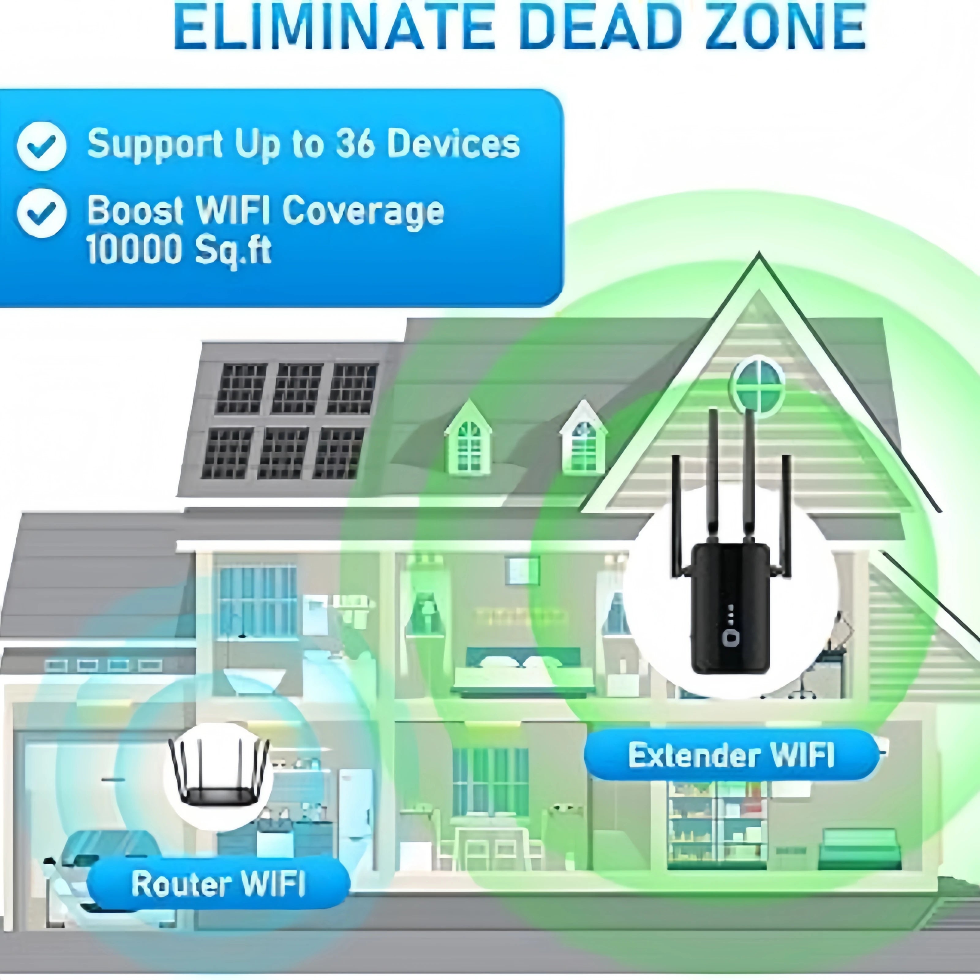 Black dual-band WiFi range extender with three antennas, shown boosting signal coverage across a house illustration.