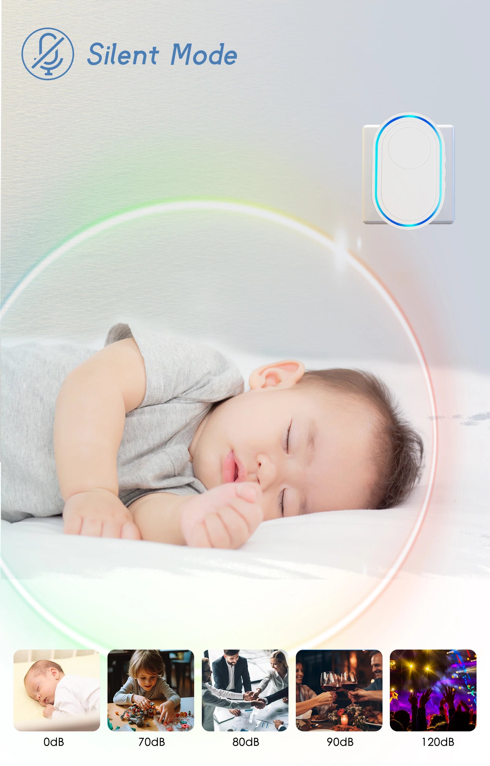 White smart doorbell with blue LED light ring, shown in silent mode with a sleeping baby graphic and volume scale.