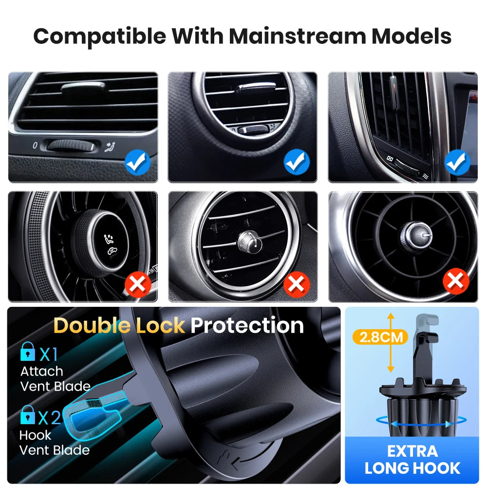 Car vent phone mount compatibility guide showing compatible and incompatible vent styles with a 2.8cm extra-long hook.