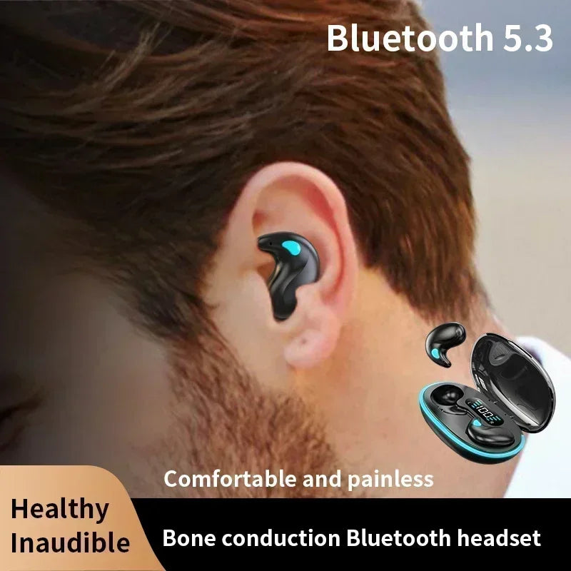 Black bone conduction Bluetooth earbud with blue accents in a person's ear, displayed with a digital charging case.