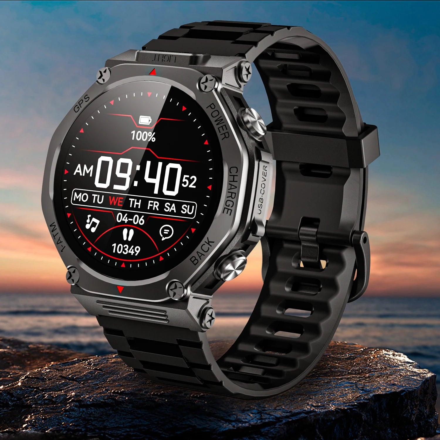 Rugged black smartwatch with a metallic grey bezel, digital face, silicone strap, and integrated flashlight feature.