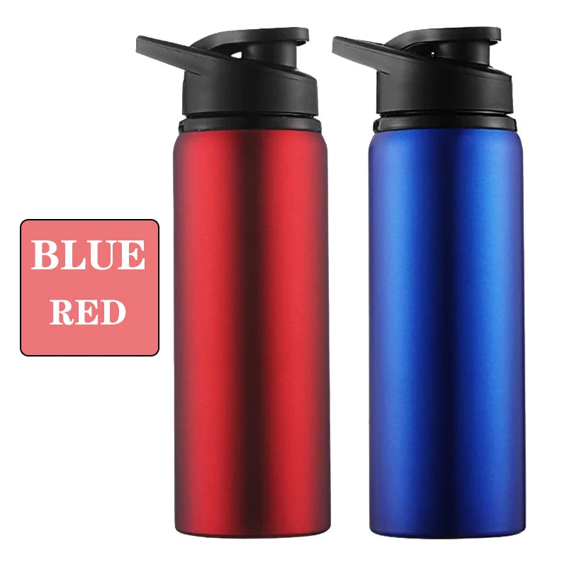 Two metallic water bottles with black flip-top lids, one in red and one in blue, against a white background.